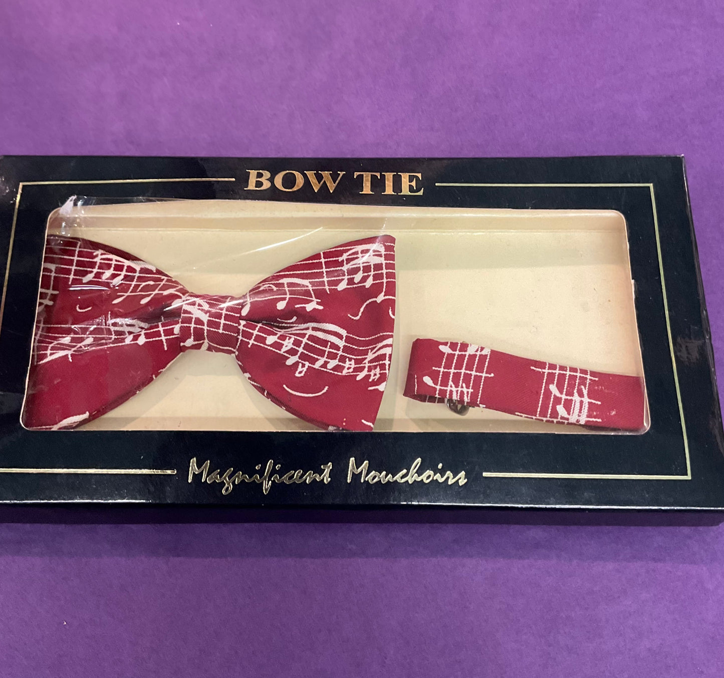 Vintage silk red/cream Musical Bow tie by MAGNIFICENT MOUCHIORS, ready tied, gift for him