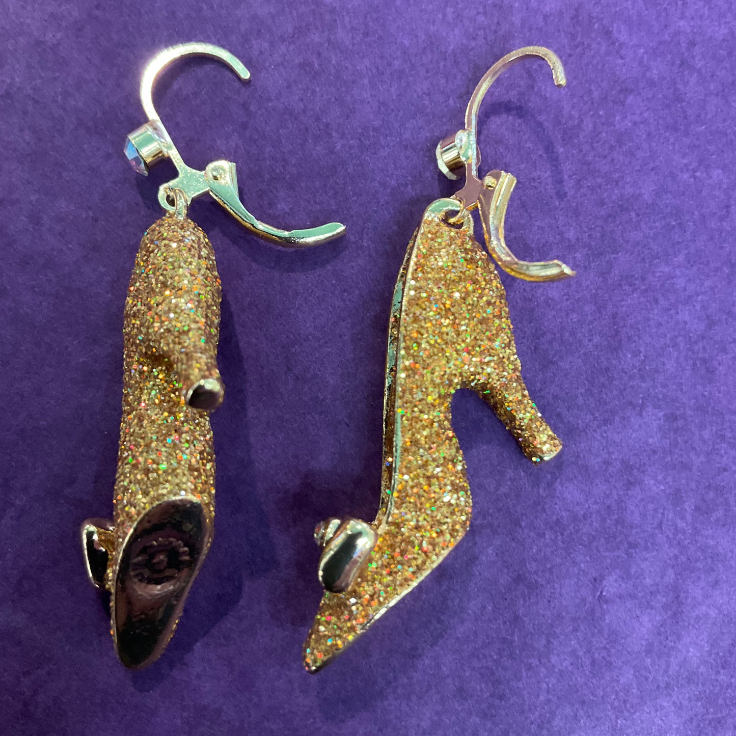 Vintage Butler and Wilson Gold Glitter Rhinestone Disney Princess shoe Drop Earrings, signed in original box, shoe lover gift