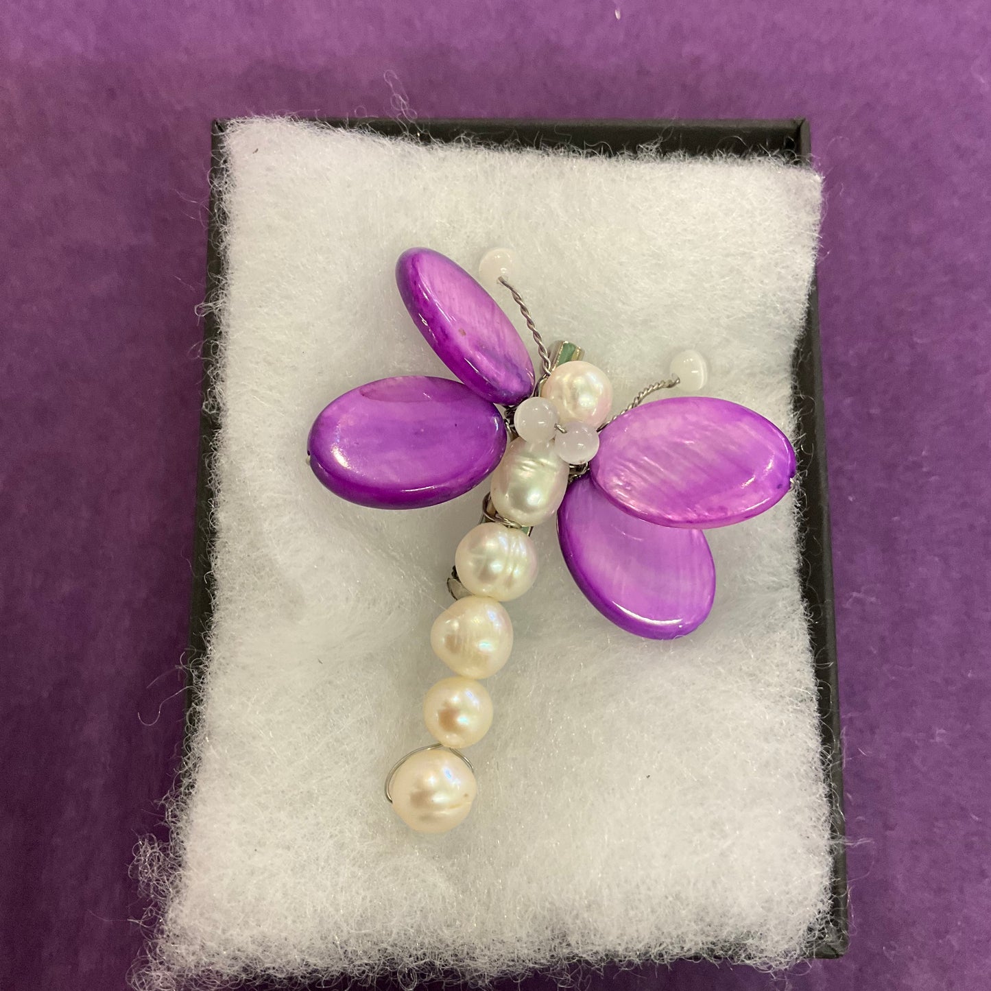 Vintage Butler and Wilson fresh water Pearl and purple polished gemstone butterfly pin/brooch. Signed, as new, gift for her, festival, wedding.