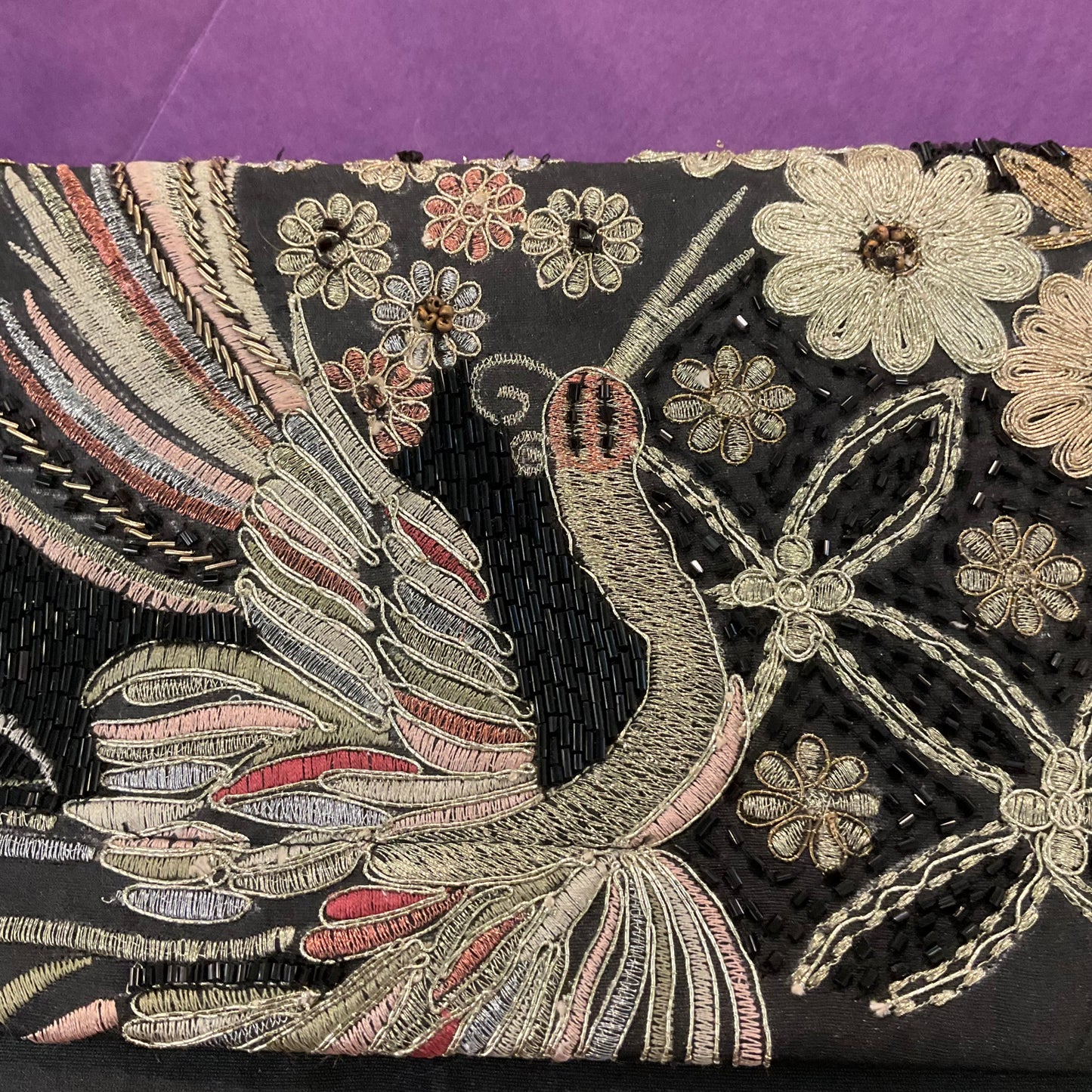 Vintage Extra Large Black Dupion Silk ‘ Bird of Paradise’ Embroidered and Beaded Evening Clutch Bag, Formal Event