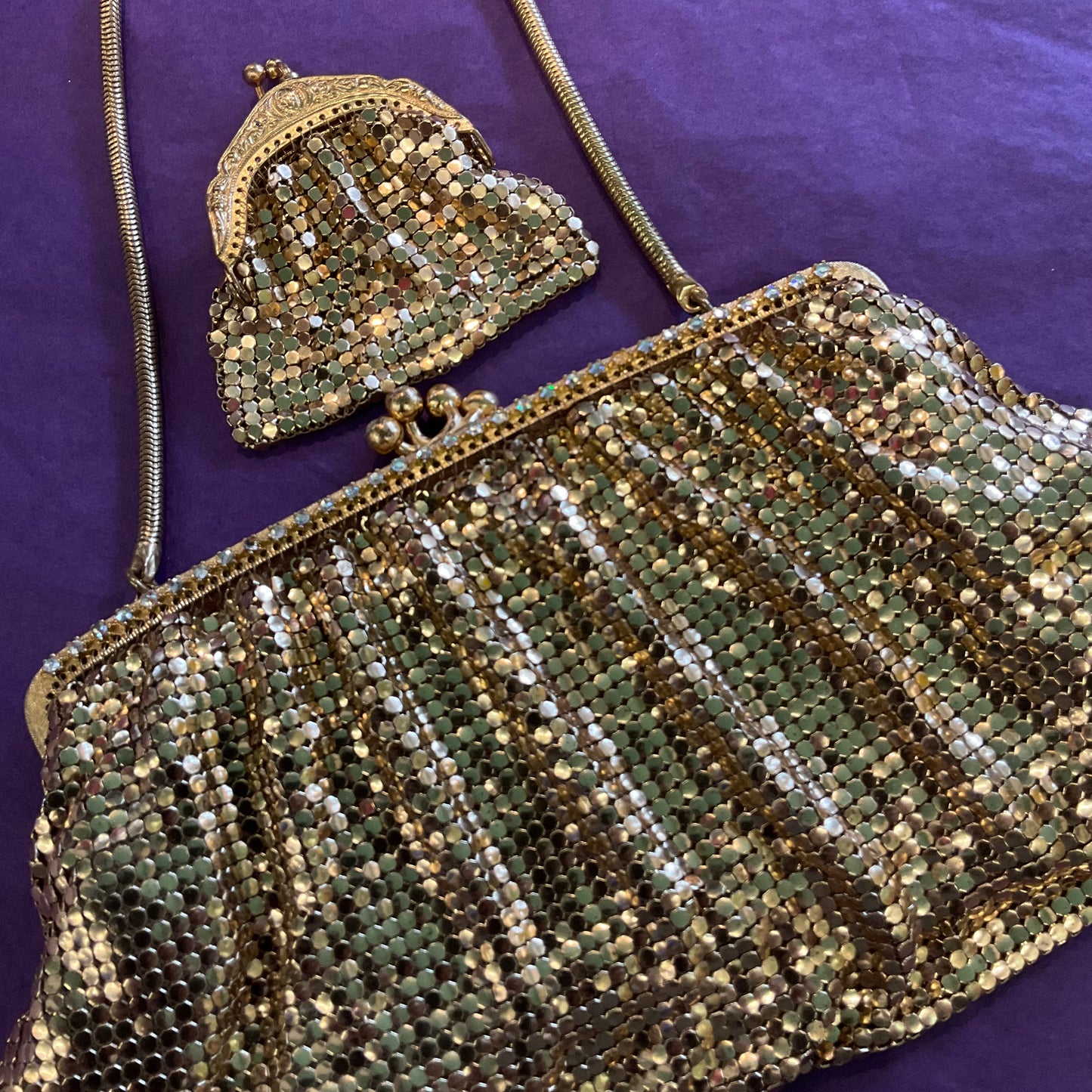 Vintage 1940/50s Gold (chain mail) evening bag with matching coin purse, rhinestone clasp, wedding, prom, gift for her