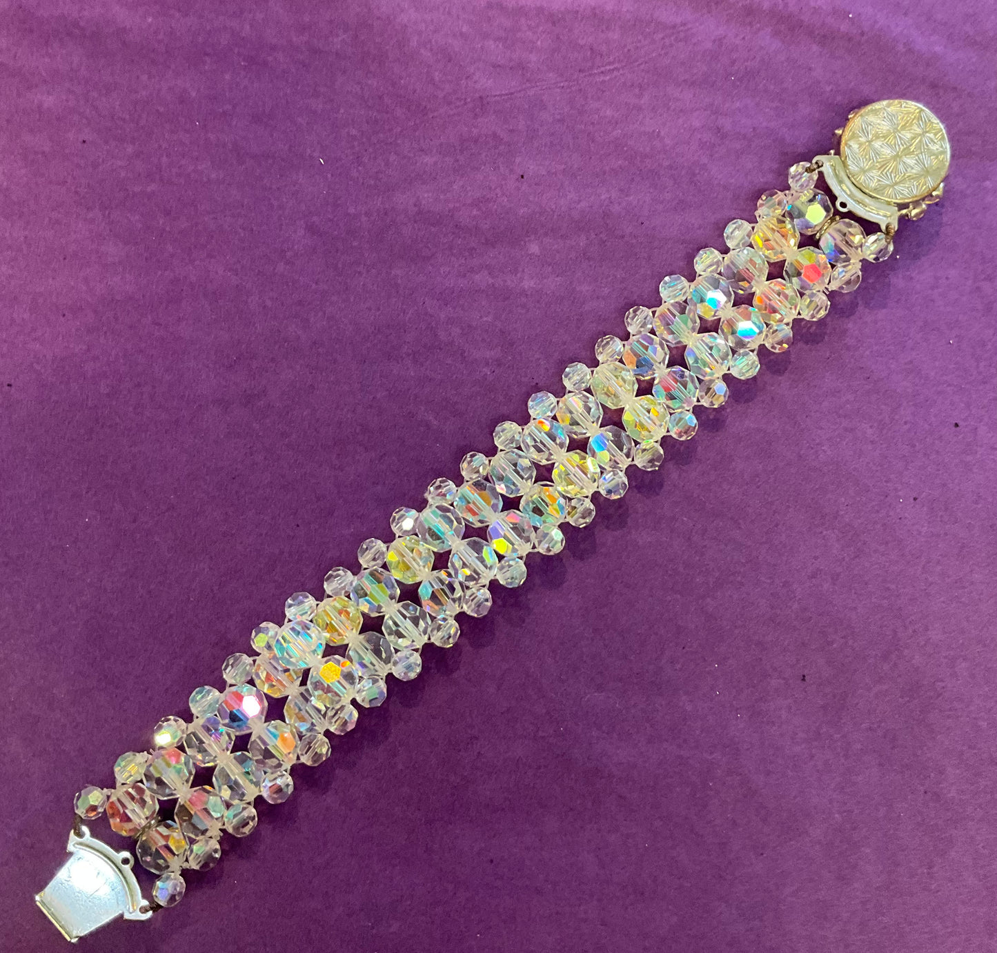 Vintage 1950s Rainbow Borealis Crystal bracelet, rhinestone clasp, wedding, prom, gift for her.