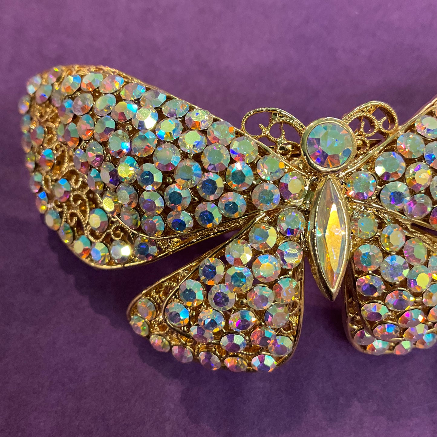 Vintage Butler and Wilson Gold Tone & Aurora Borealis Crystal Large Butterfly Barette/ Hair Clip, signed in original box, wedding, festival