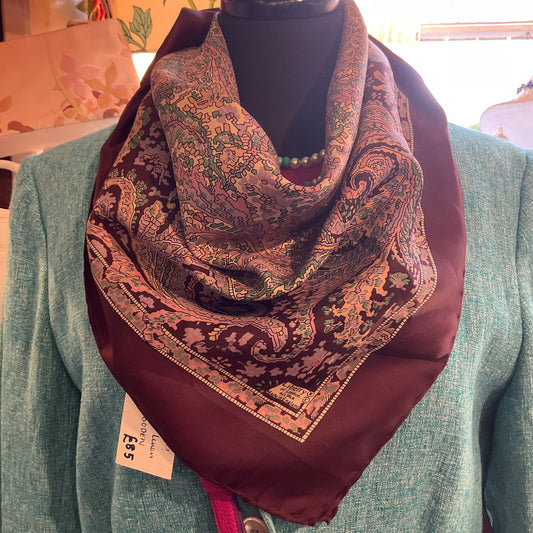Vintage Liberty of London pure silk stylised Paisley scarf, purples and greens. Made in England. Gift for her
