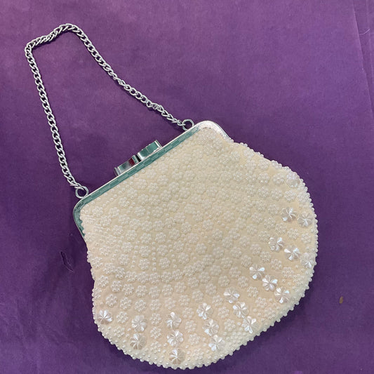 Vintage 1960s GOLDEN NAME Ivory floral beaded evening bag, vintage wedding, formal event.