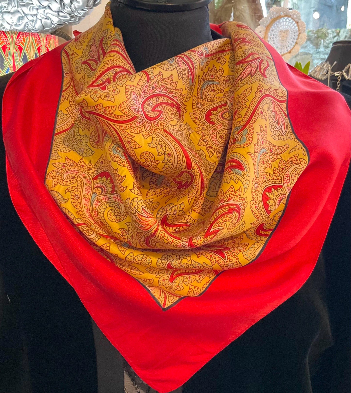 Vintage 1940/50s liberty pure silk scarf, made in England, gold and red paisley print.