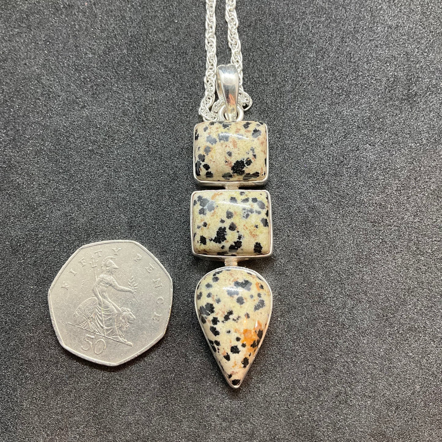 Vintage large Dalmatian jasper and 925 silver triple gemstone pendant, silver plated chain, crystal healing, birthday gift box.