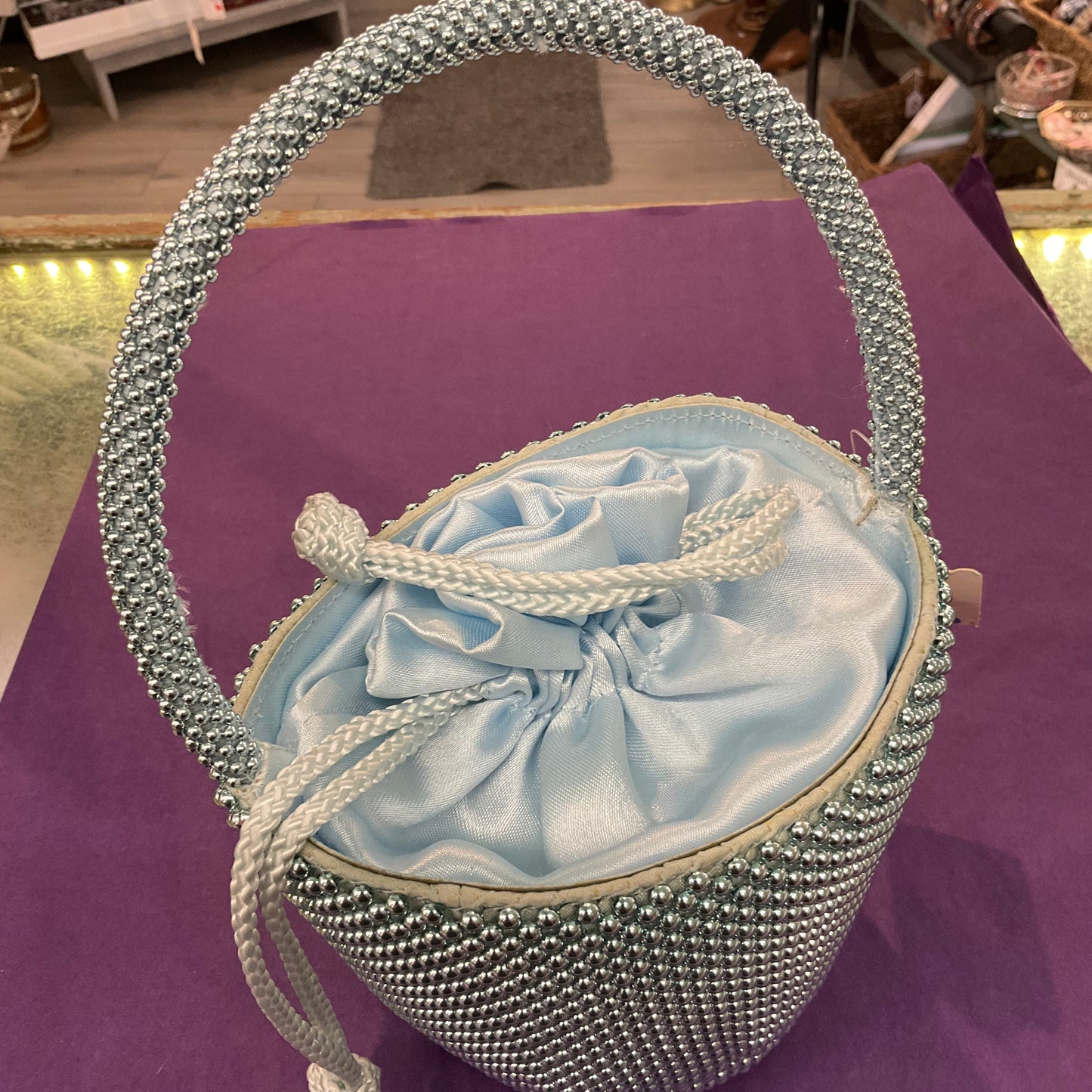 Vintage pale blue metallic beaded satin evening bag, Artistic pearl by IberBolos, bucket back style with drawstring fastening. Unused with tags.