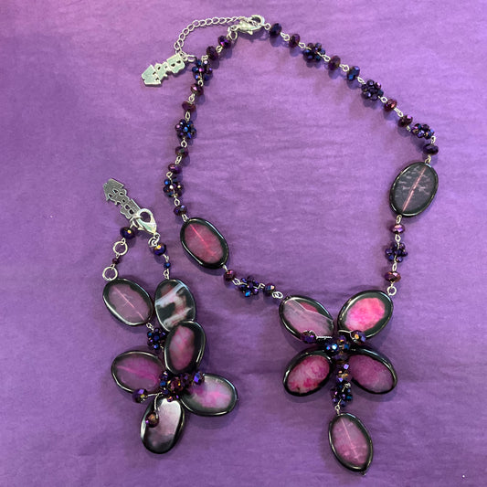 Vintage Butler and Wilson polished gemstone and crystal purple and pink floral/butterfly necklace and bracelet set