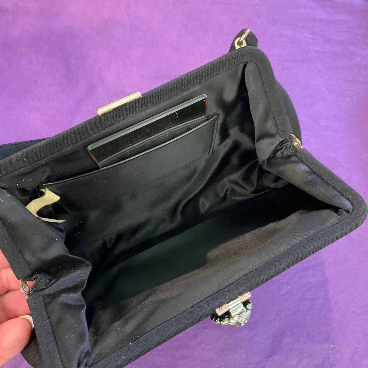 Antique original Art Deco Black Crepe CFR evening bag with rhinestone clasp, as new in original box