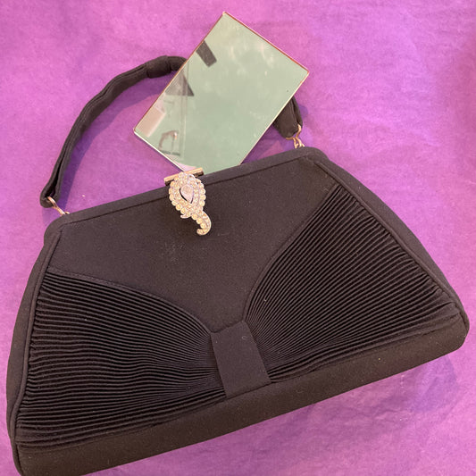 Antique original Art Deco Black Crepe CFR evening bag with rhinestone clasp, as new in original box