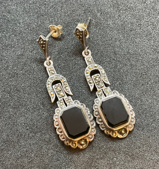 Vintage Art Deco Silver, Onyx & Marcasite Drop Earrings