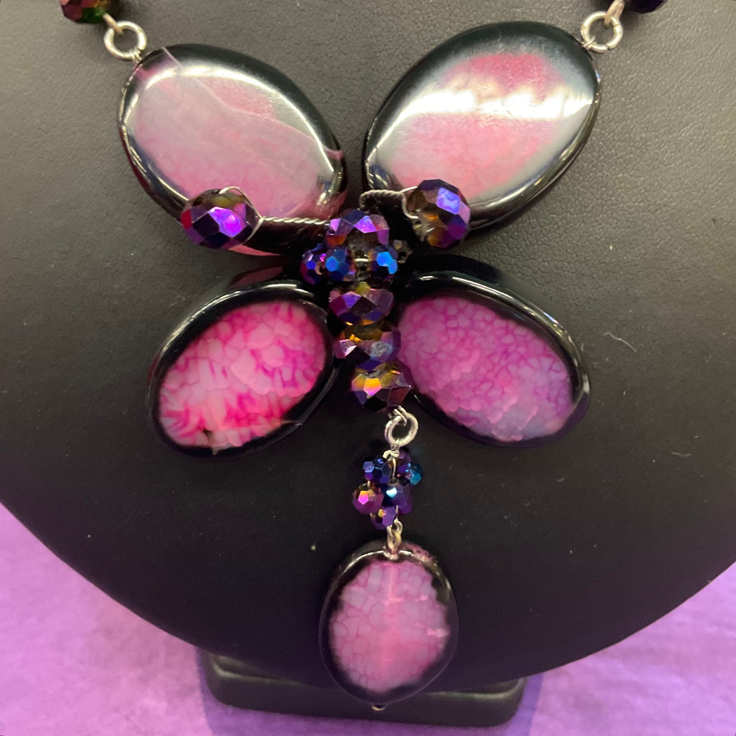 Vintage Butler and Wilson polished gemstone and crystal purple and pink floral/butterfly necklace and bracelet set