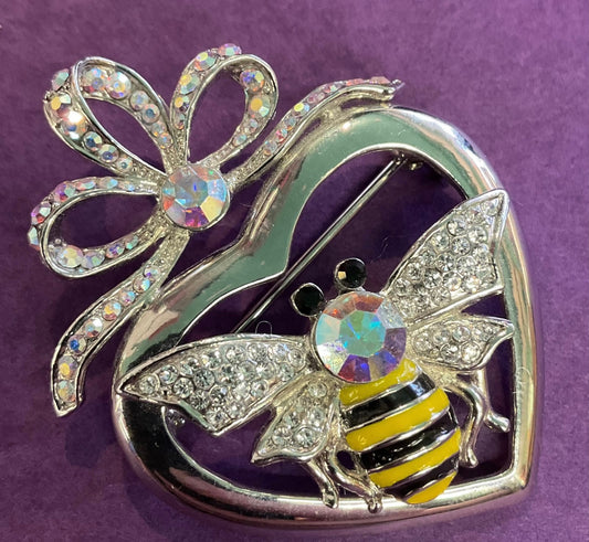 Vintage Butler and Wilson Large Silver Tone Rainbow Borealis Bee & Heart Brooch, Friendship, Gifts for her, signed , as new