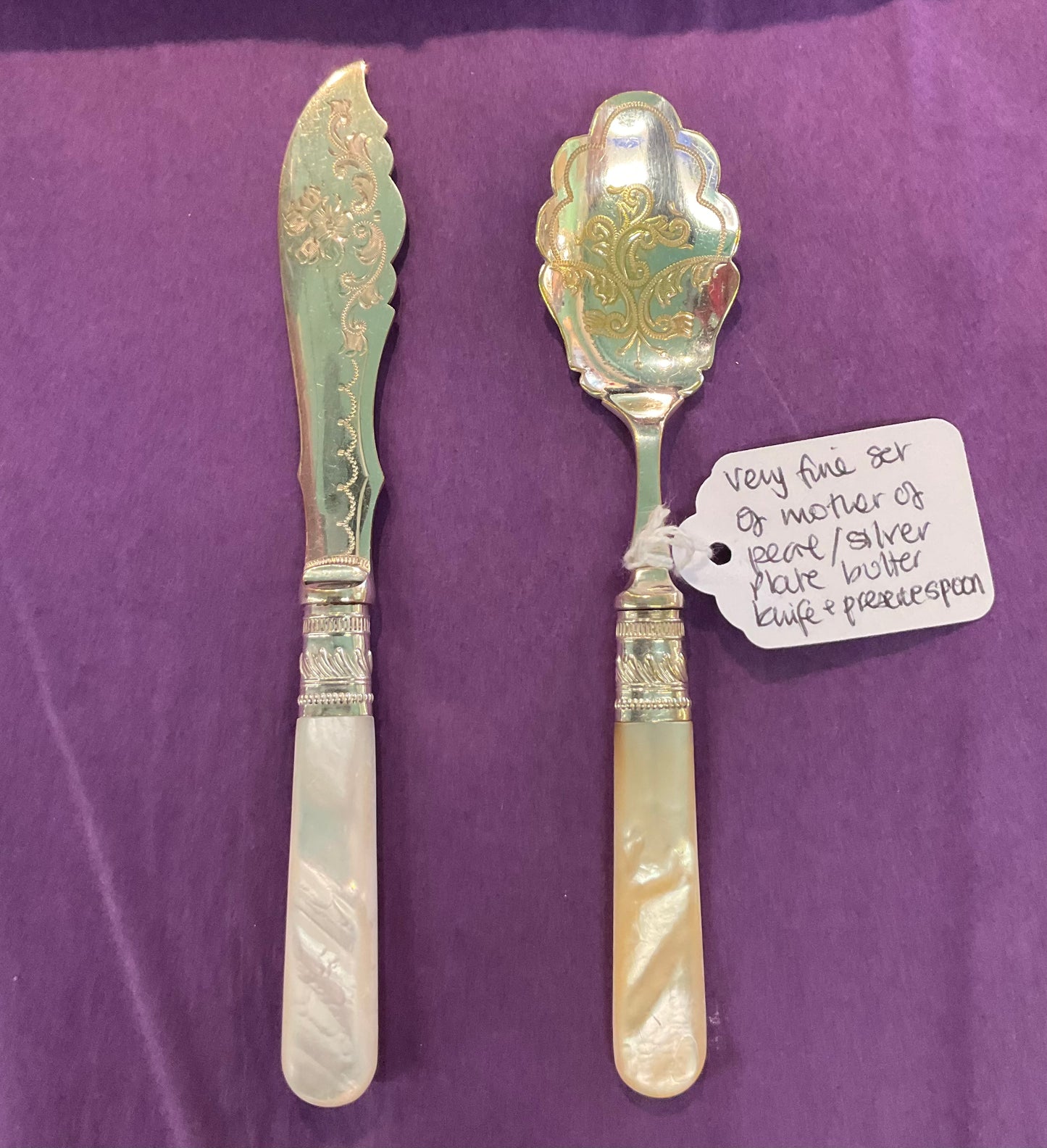 Vintage Silver plated Engraved Breakfast Set With Mother Of Pearl Handles.