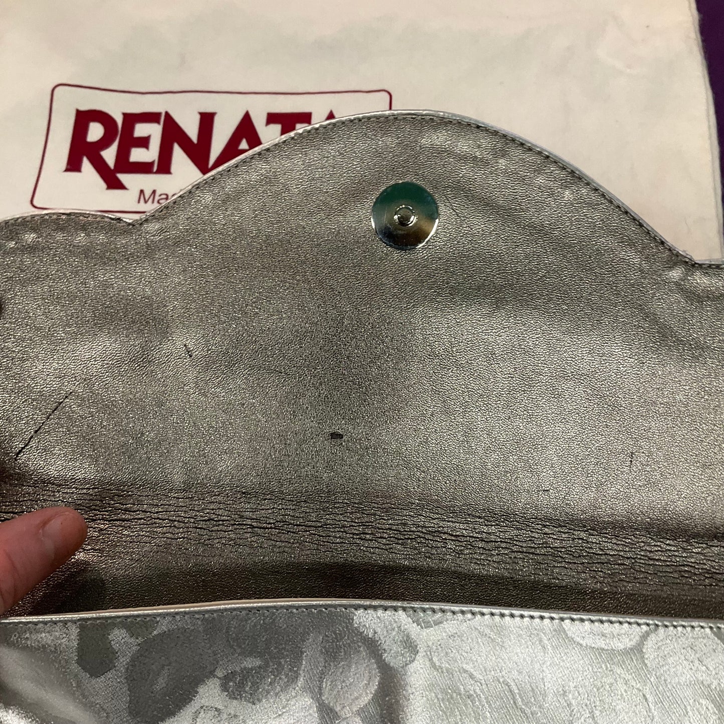 Vintage 1980s Italian RENATA Silver Faux Leather Abstract Leopard Print Clutch Bag, Rarely used in Original Box, Wedding, Formal Event