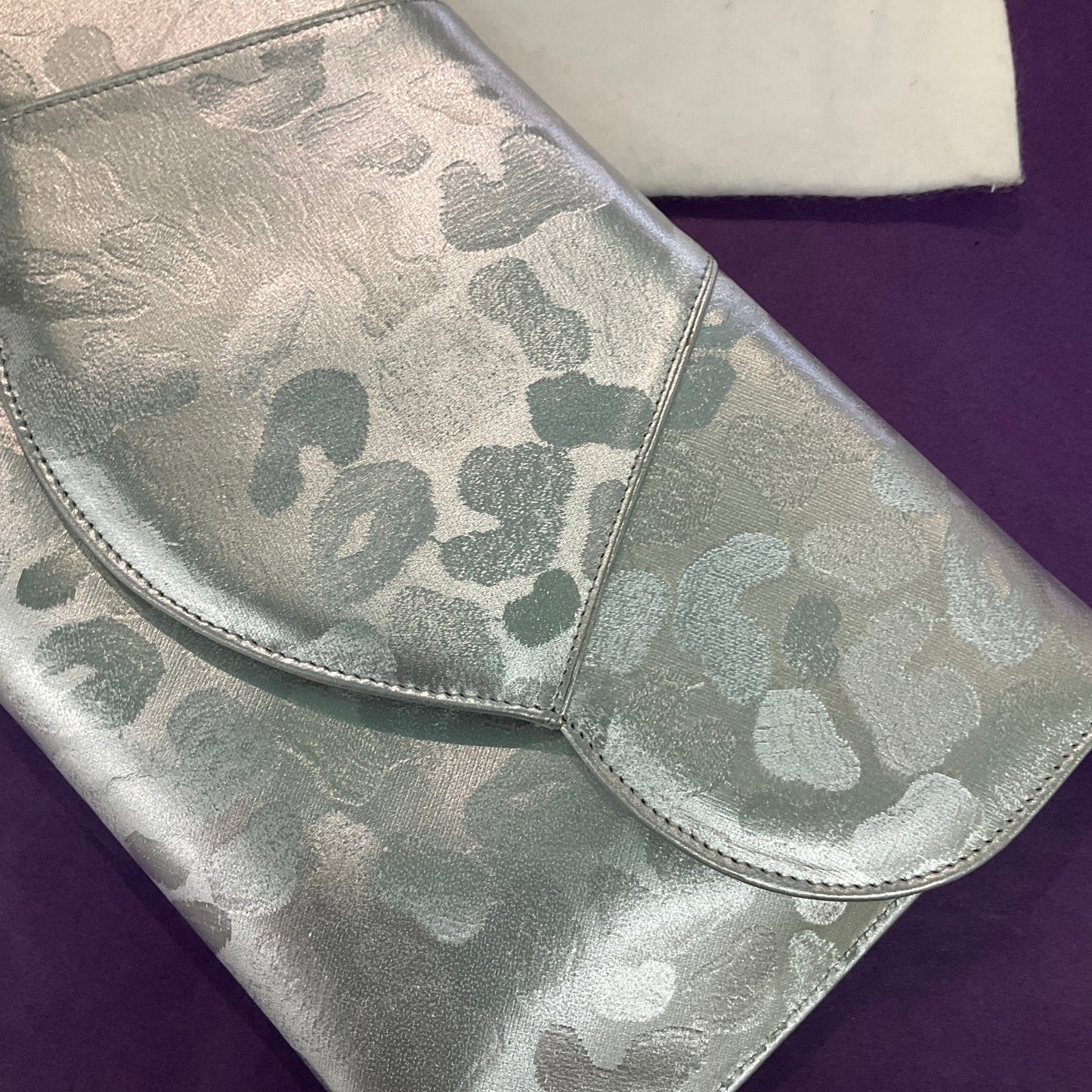 Vintage 1980s Italian RENATA Silver Faux Leather Abstract Leopard Print Clutch Bag, Rarely used in Original Box, Wedding, Formal Event