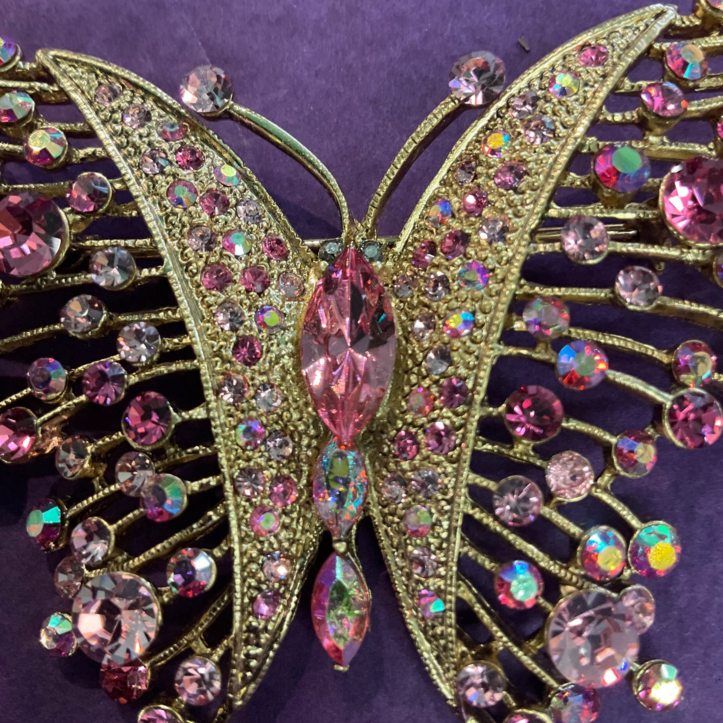 Vintage Butler and Wilson Oversized Pink Aurora Borealis Crystal Butterfly Brooch, signed In original box, gifts for them