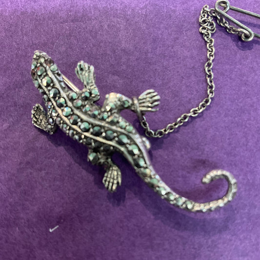 Vintage 1930s/40s silver (stamped) and marcasite Gecko Brooch, safety chain, gift boxed.