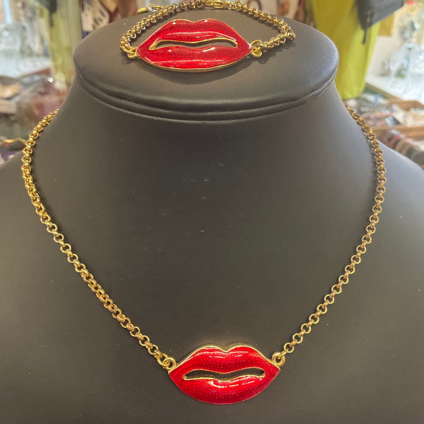 Vintage Butler and Wilson Red Lips Crystal Enamel Necklace and Bracelet Set, signed , as new , gifts for them , birthday, festival