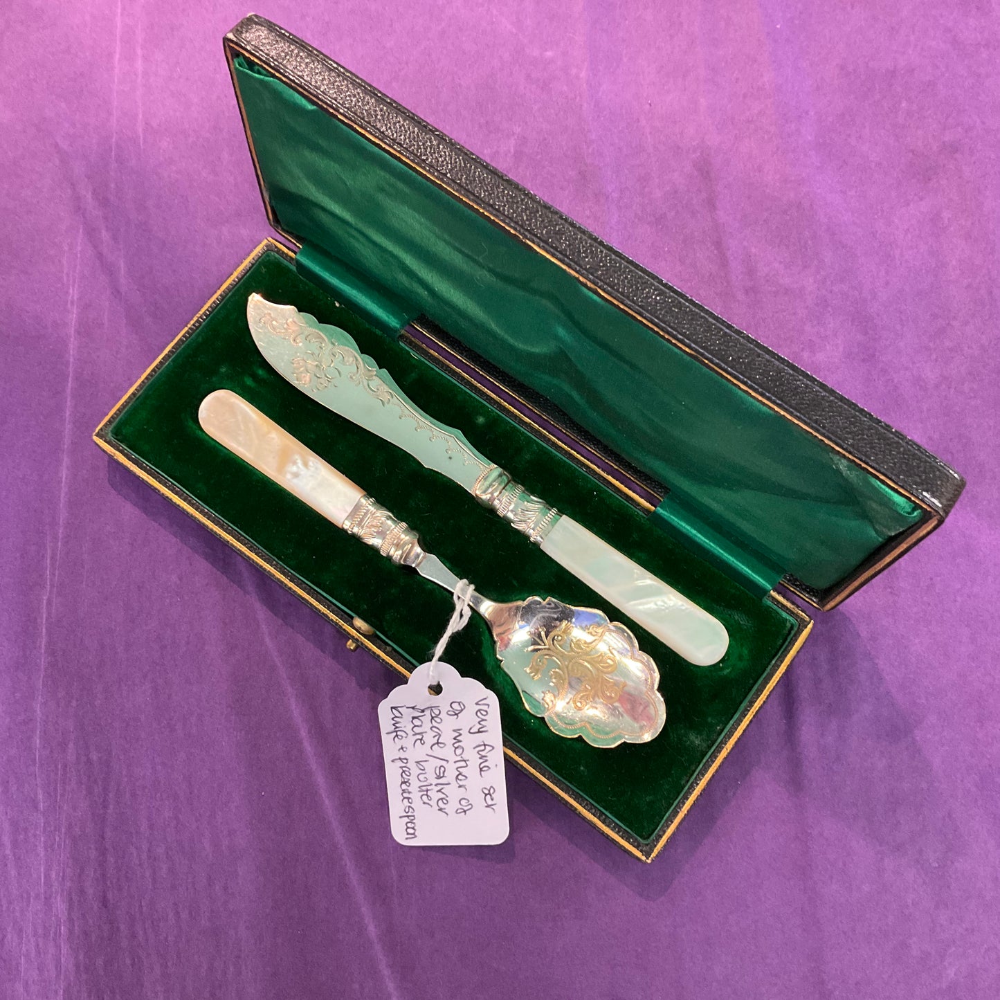 Vintage Silver plated Engraved Breakfast Set With Mother Of Pearl Handles.