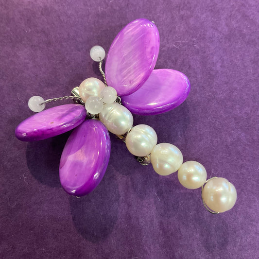 Vintage Butler and Wilson fresh water Pearl and purple polished gemstone butterfly pin/brooch. Signed, as new, gift for her, festival, wedding.