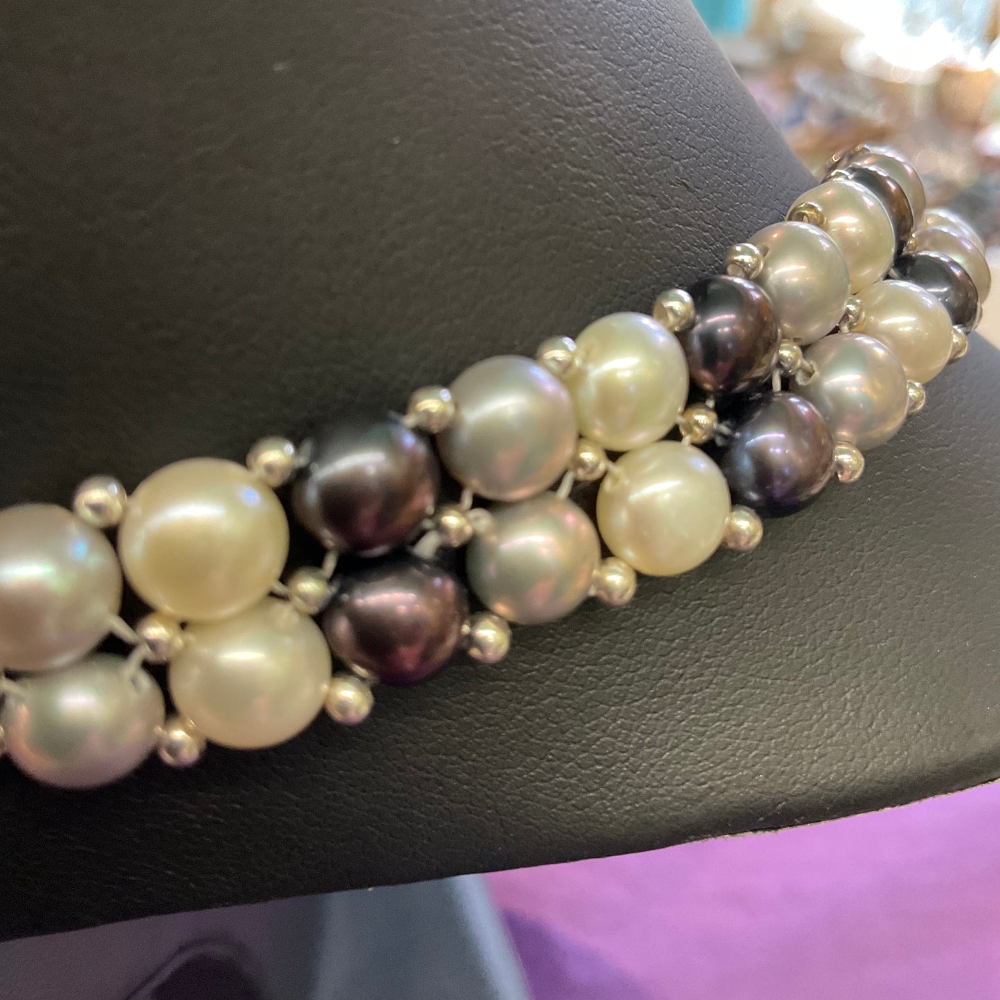 Vintage fresh water pearl monotone beaded necklace, silver (925) clasp, ivory, silver, purple, prom