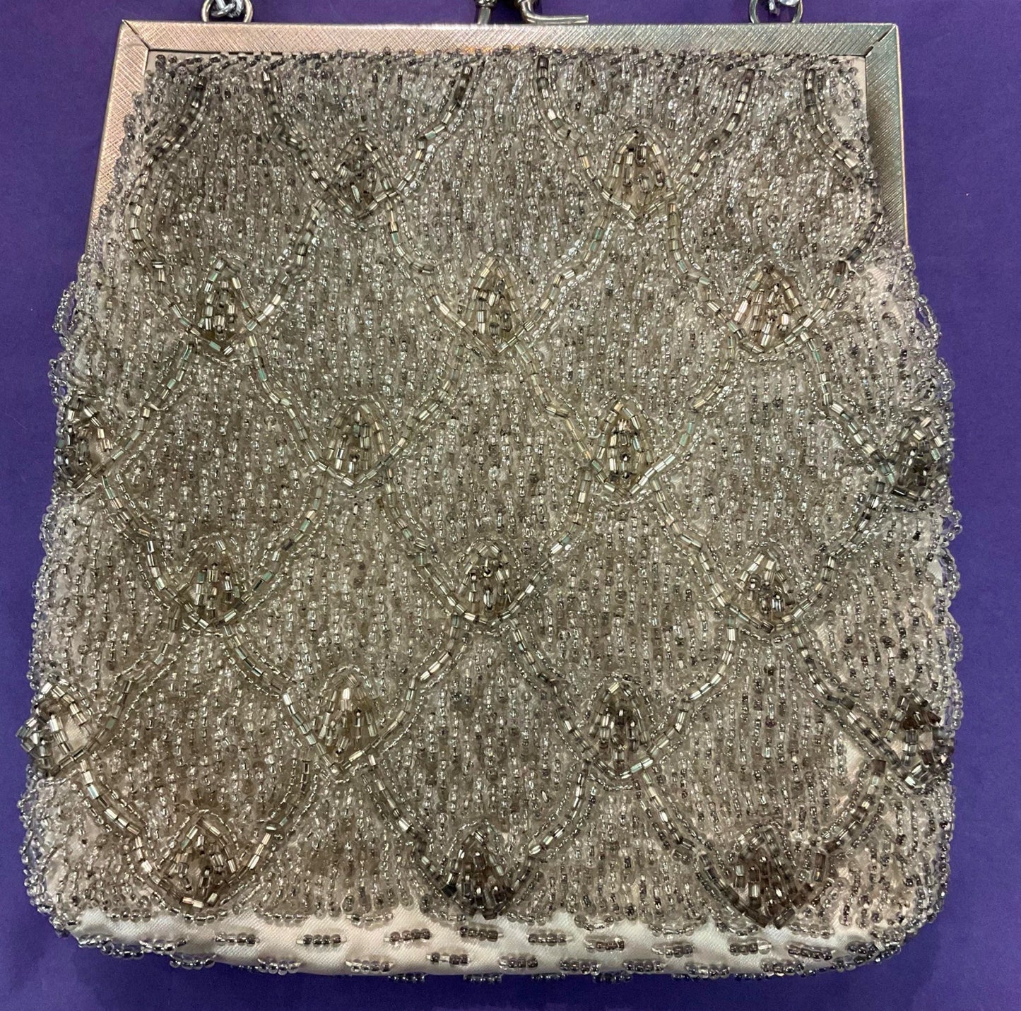 Vintage 1950s/60s silver/grey hand made Beaded evening bag by LE SOIR