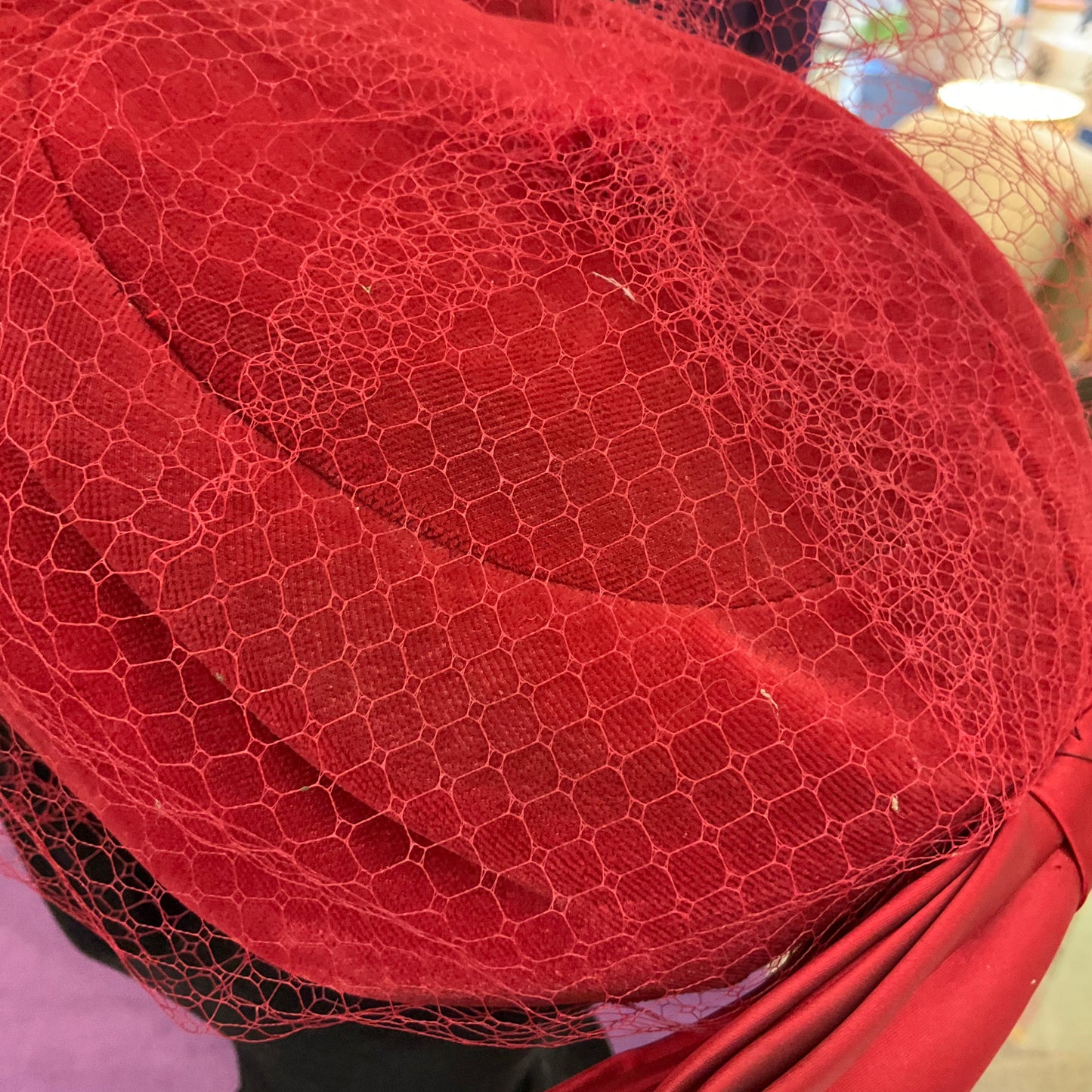 Vintage 1980s Red Velvet pill box Hat with net veil and satin bow. Wedding