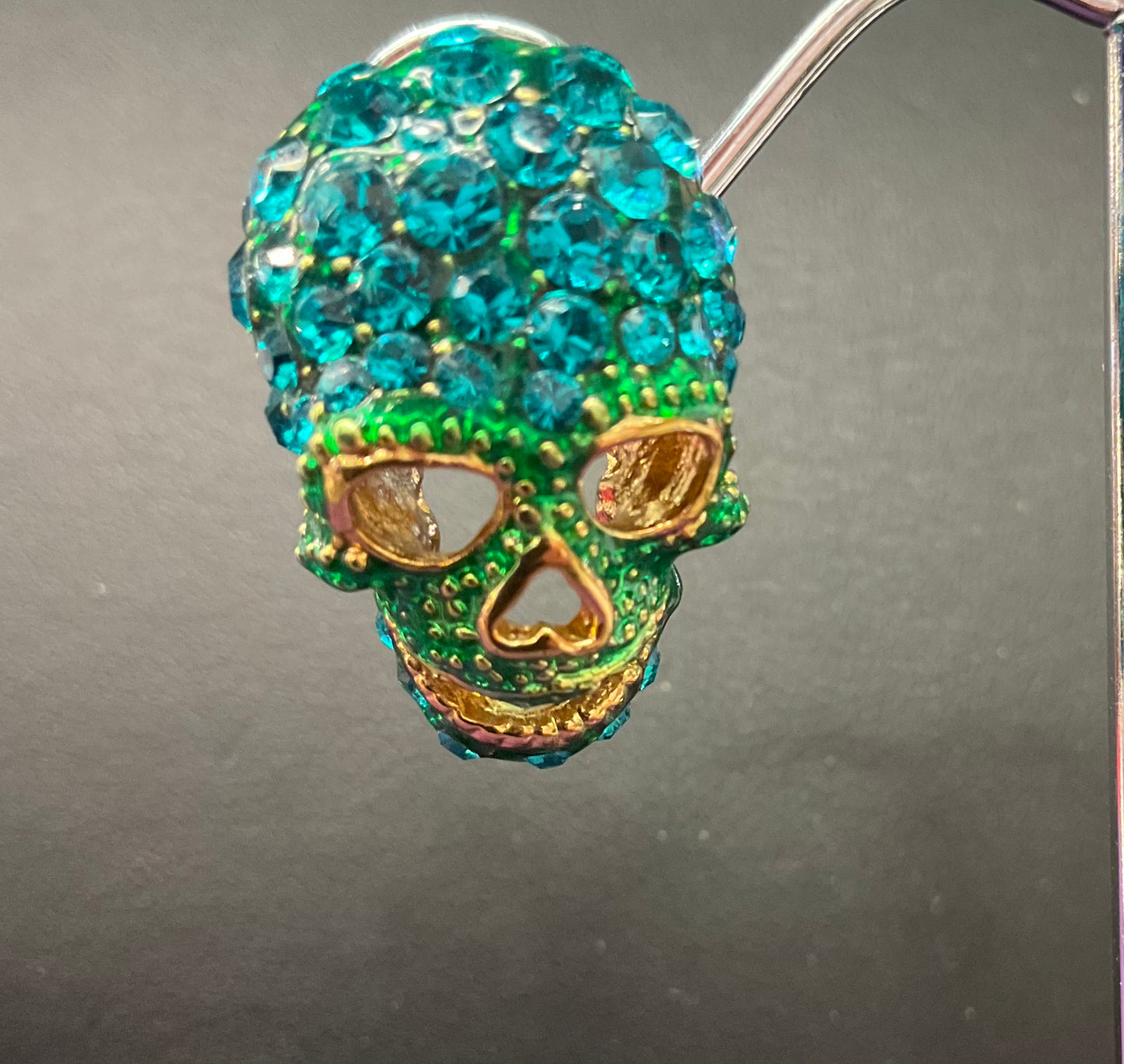 Vintage Butler and Wilson Turquoise and green rhinestone crystal skull stud earrings. Day of the dead, gifts for them, signed, as new.