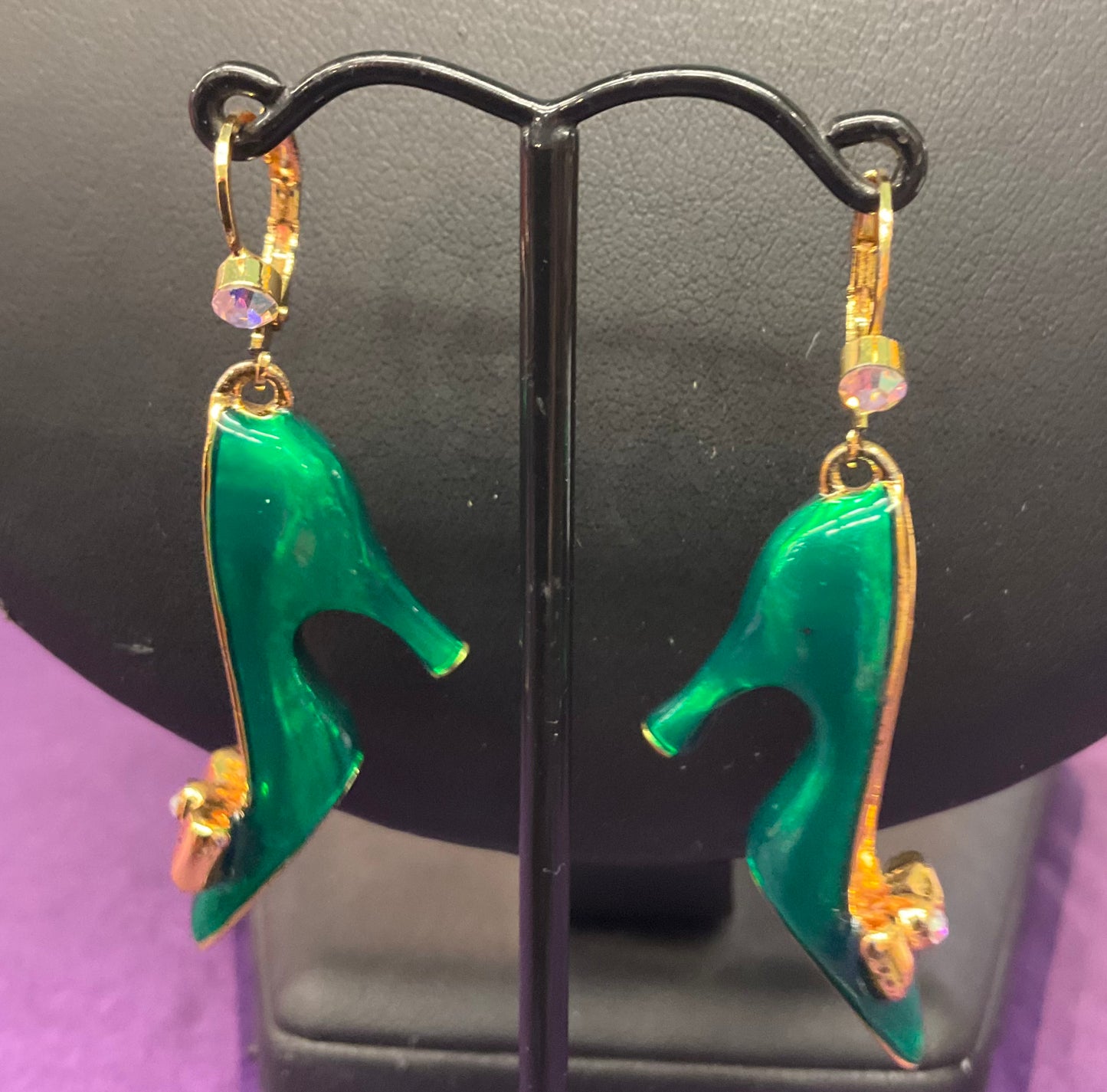 Vintage Butler and Wilson Disney Princess Green & Gold Enamel and Rhinestone Shoe Drop Earrings, Signed as new , shoe lover gift, Birthday