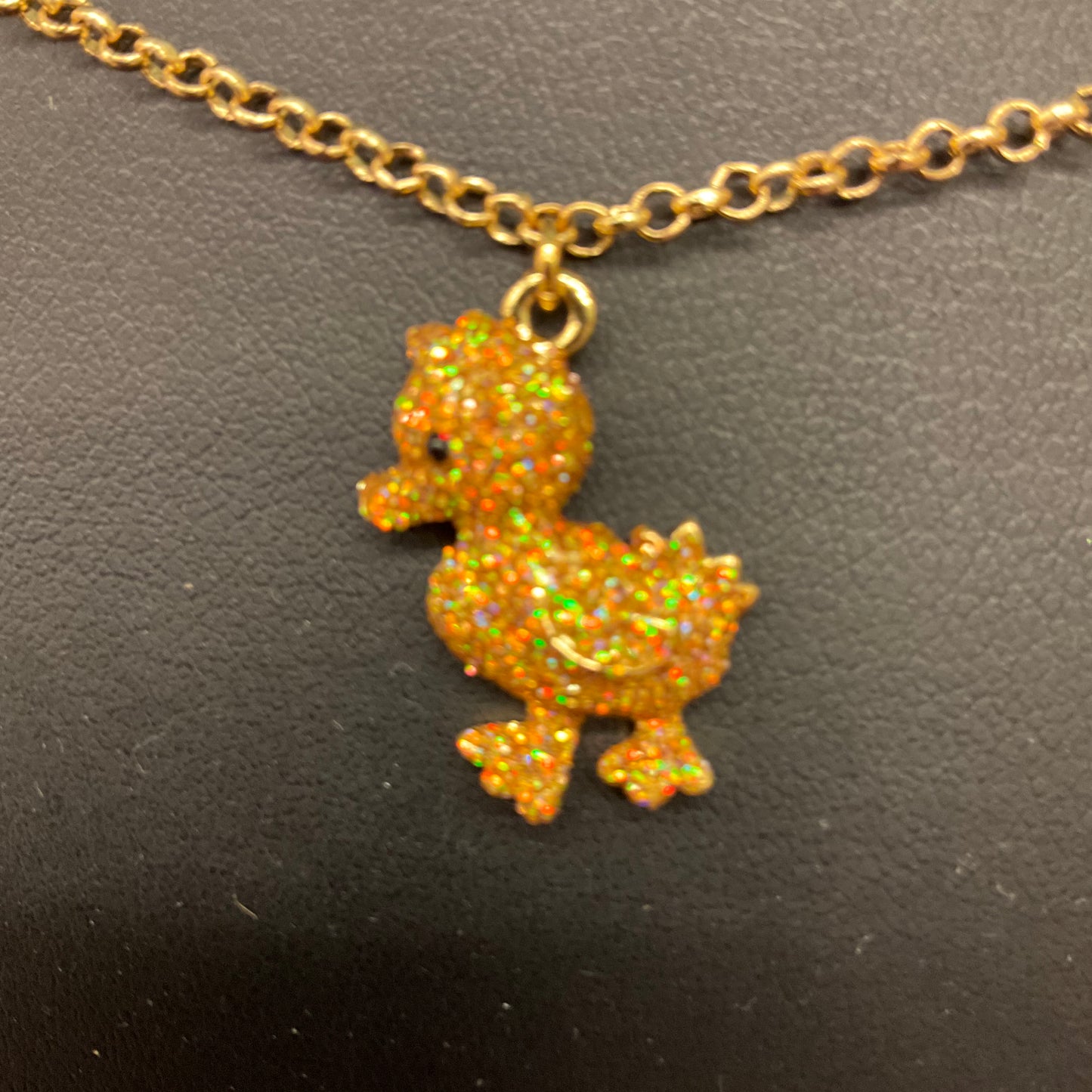 Vintage Butler and Wilson Gold Glitter Rhinestone Duckling Charm Necklace, signed in original box, birthday gift