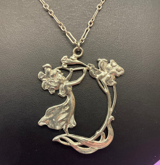 Vintage Art Nouveau style silver flower fairy pendant. Gift for her
