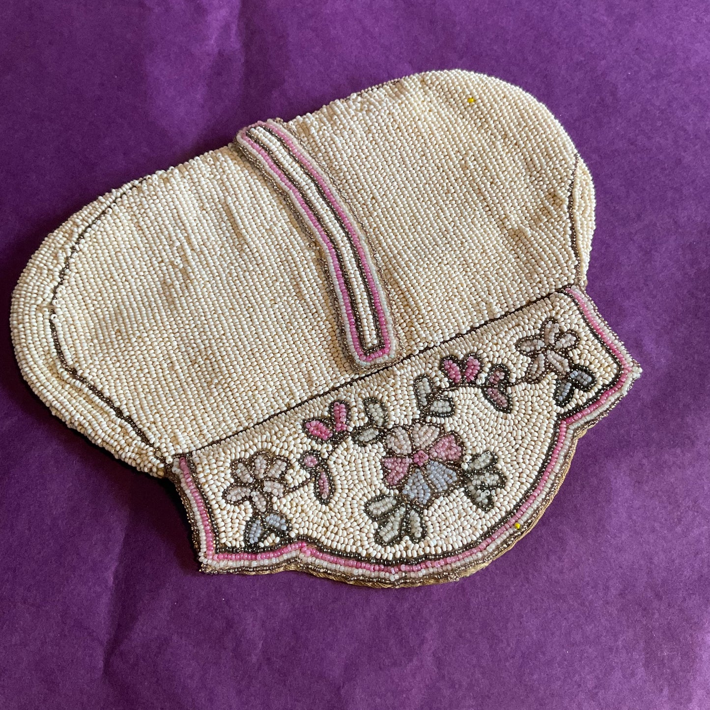 Antique Edwardian/Art deco ivory and pink floral beaded evening bag, flapper girl, downton abbey.