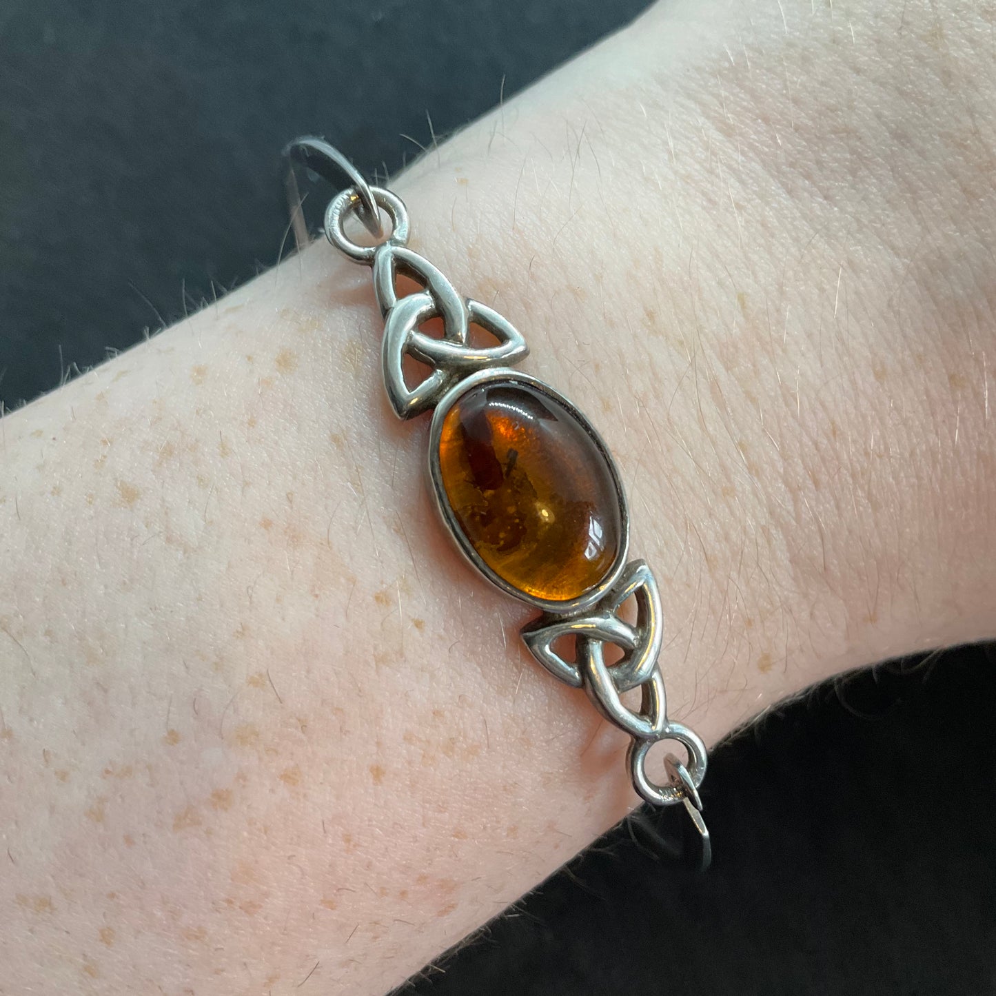 Vintage Amber and 925 silver Celtic style fine bangle/bracelet, triquetta, trinity knot