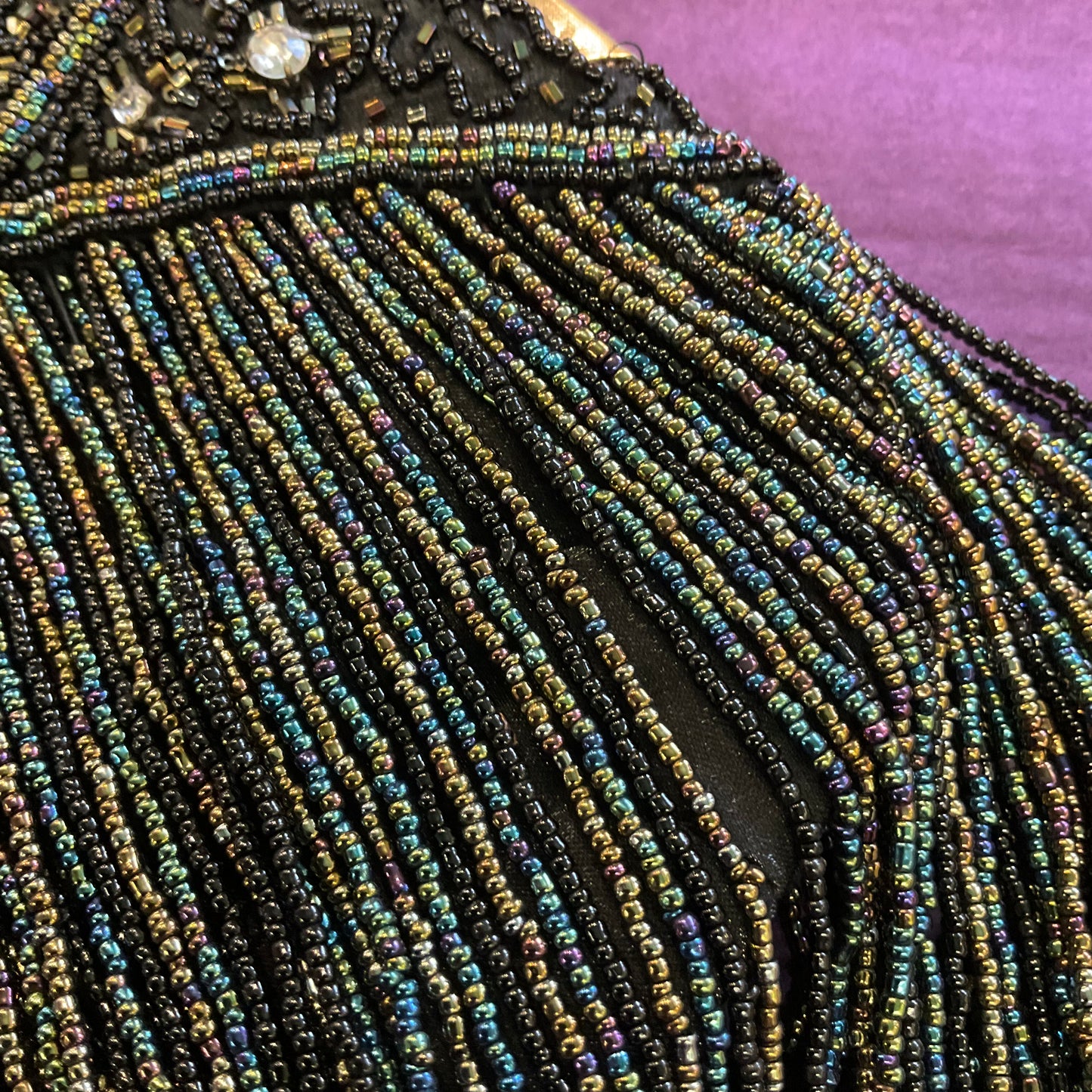 Vintage Faux fur handled black, gold and peacock borealis beaded fringe evening bag, with rhinestone trim