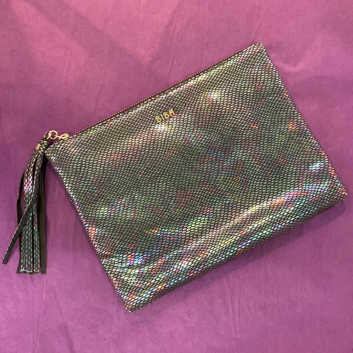 Vintage BIBA Faux leather snakeskin Rainbow borealis large clutch bag with tassel, wedding, formal event, ladies night.