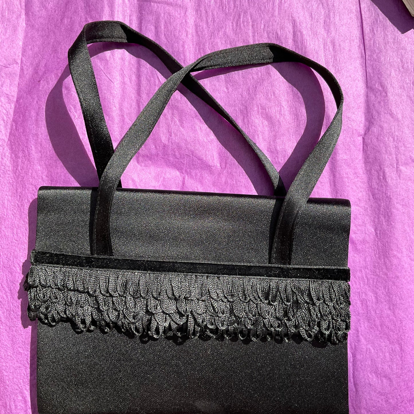 Vintage Italian Black Satin Fringed Cocktail Bag and Purse