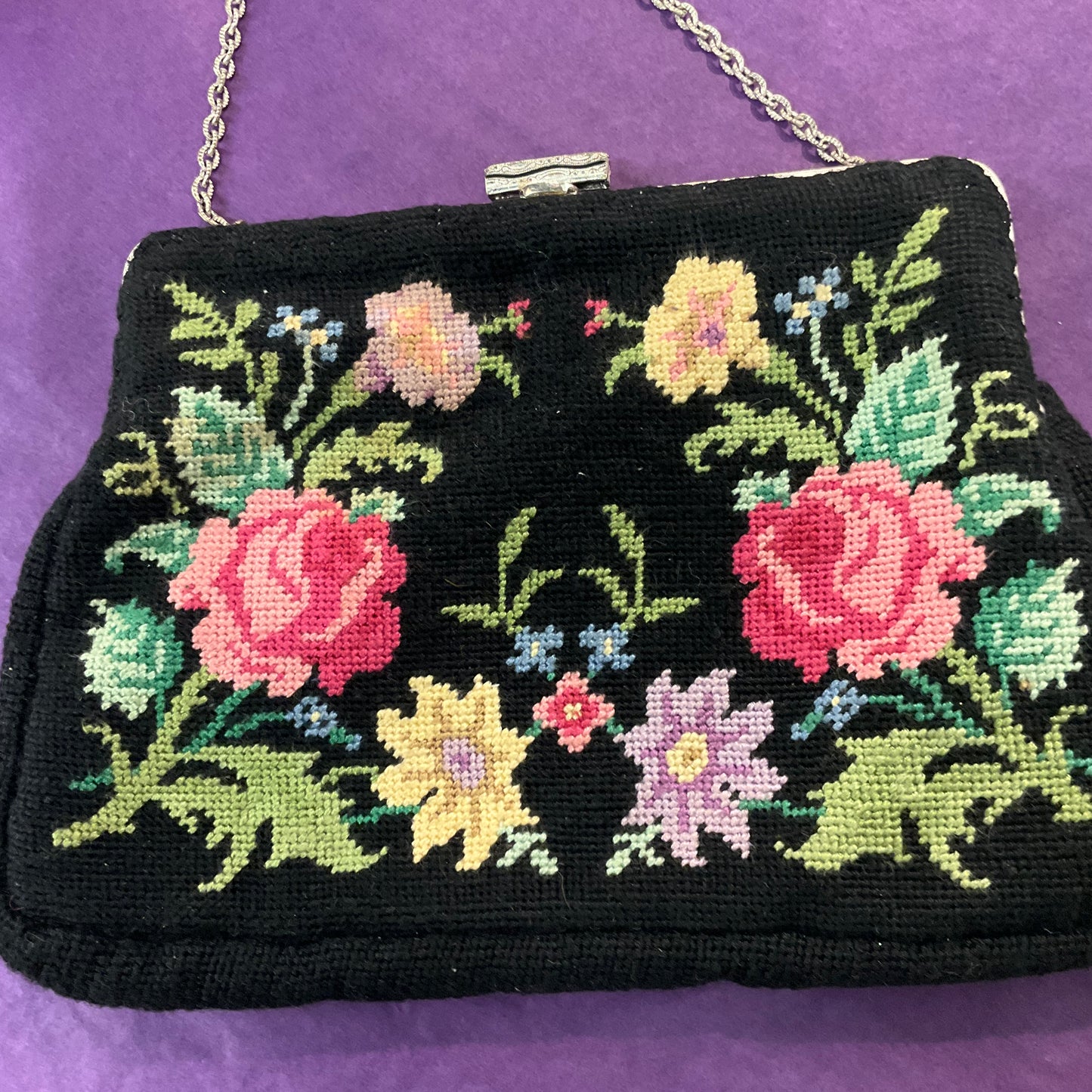 Vintage 1940s/50s petite pointe Tapestry floral evening bag, formal event, wedding.