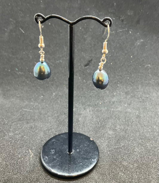 Handmade Peacock Fresh Water Pearl and Silver Drop Earrings