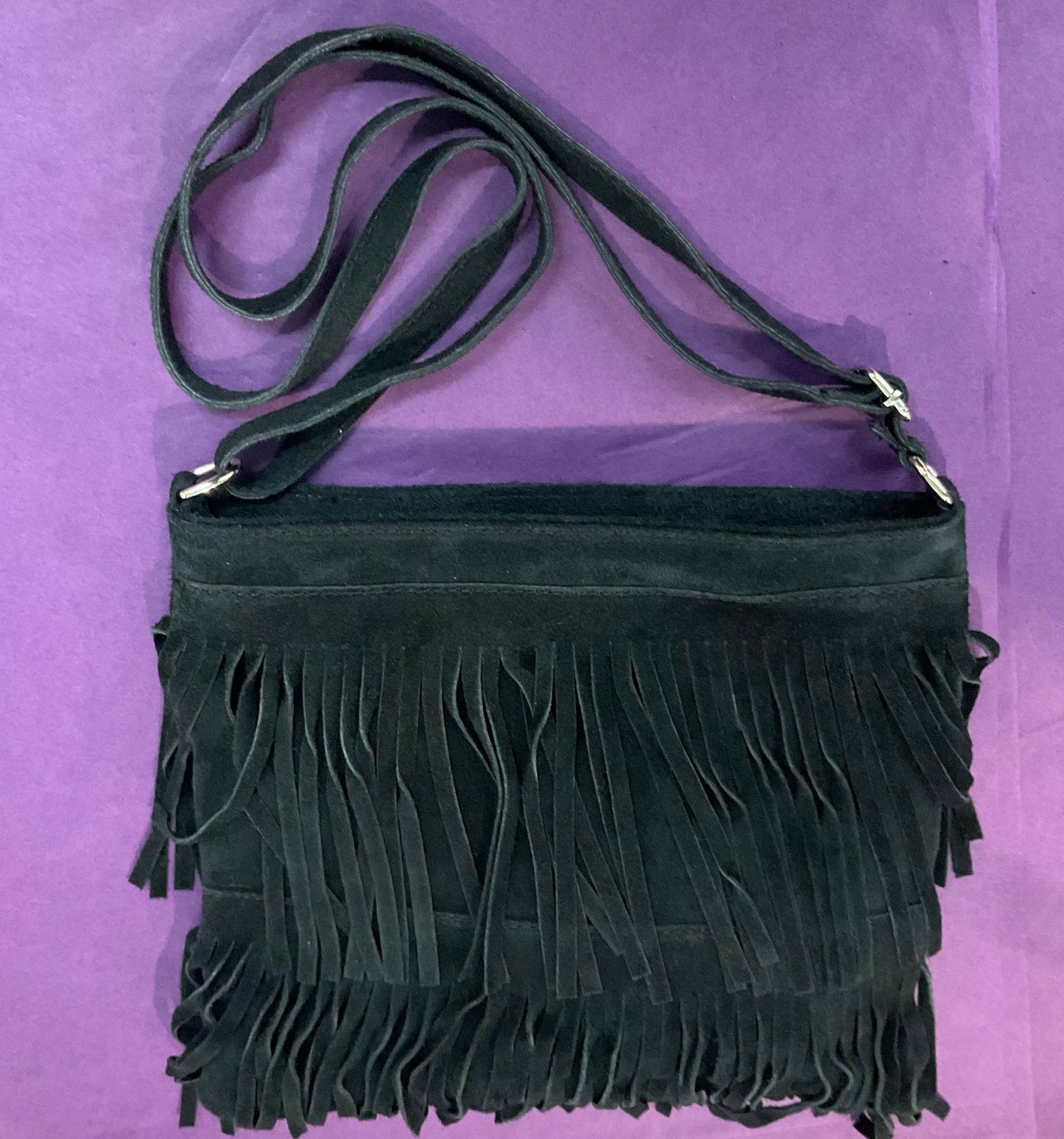 Vintage Italian Black Genuine Suede, Fringed Shoulder Bag, Lia Calia Vera Pelle, Shoulder or Cross Body, Festival, Birthday