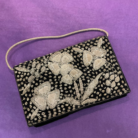 Vintage 1940s Indian Zardosi Gold Work Embroidery Black Velvet Floral Eveing Bag, gifts for her, formal event