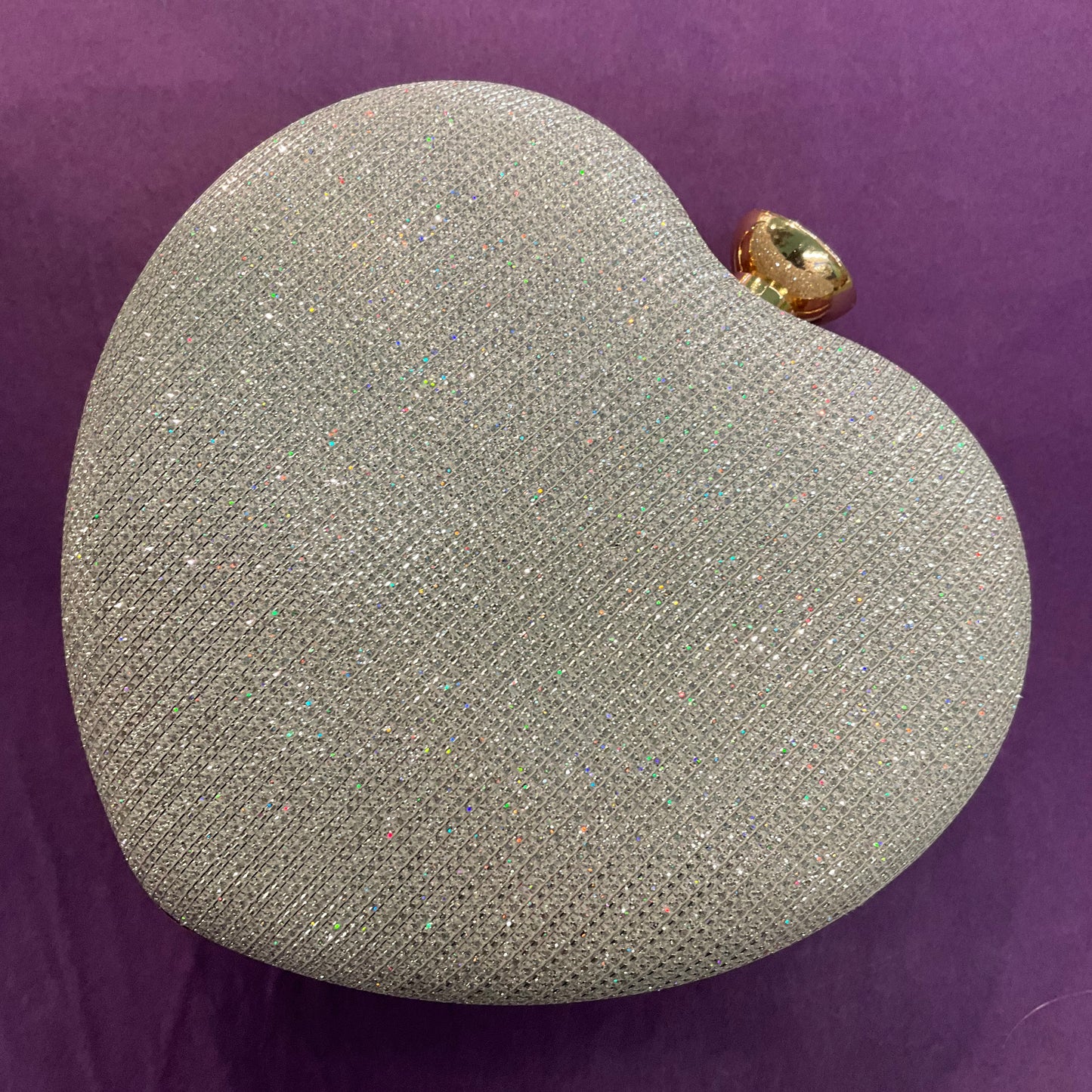 Vintage heart shaped silver/rainbow metallic lurex evening bag, clutch or handbag with large crystal clasp