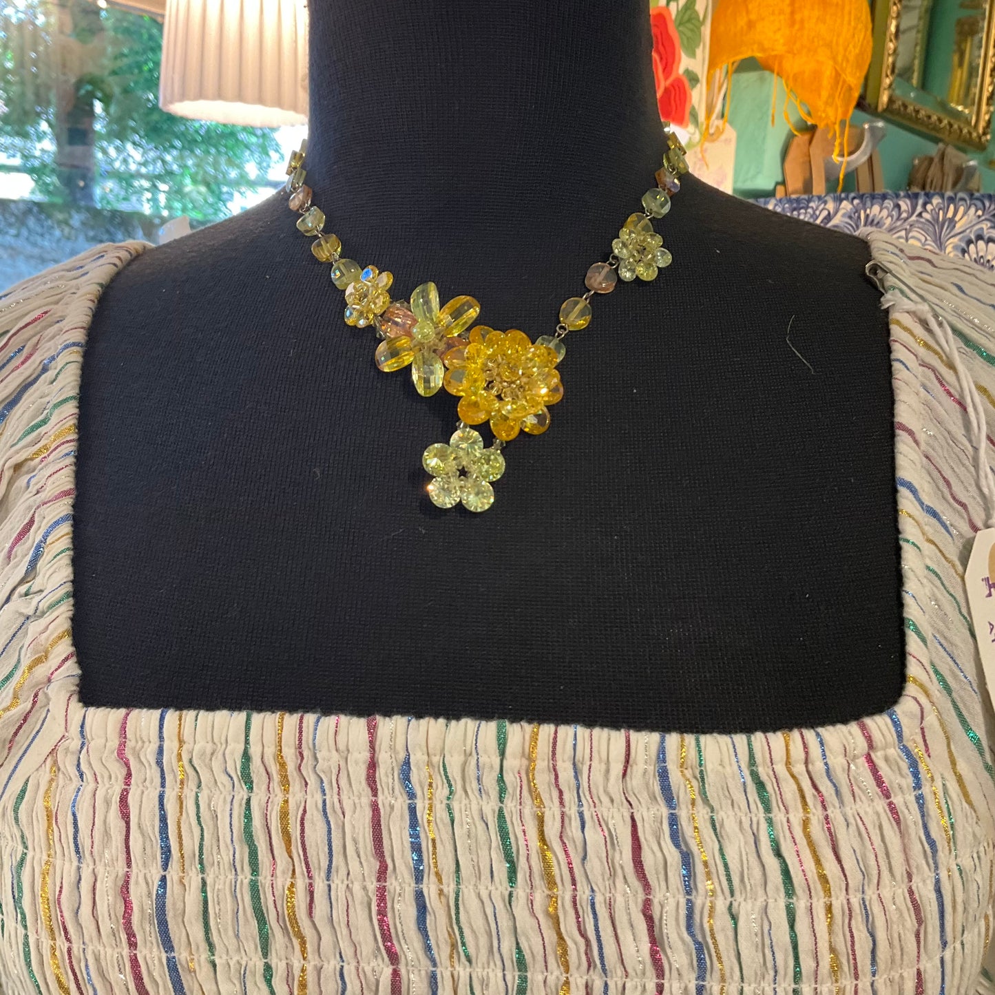 Vintage Butler and Wilson Gold & Yellow Crystal Asymmetric Flower Garland Necklace and Earring Set, Signed in Original box, Birthday Gift