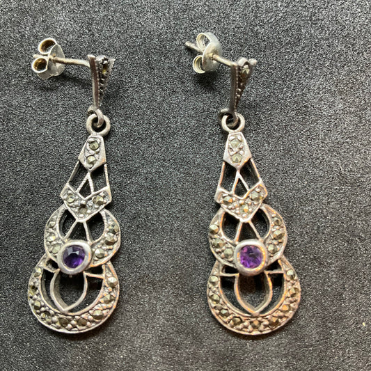 Vintage Art Nouveau Style 925 Silver and Marcasite and Amethyst Drop Earrings