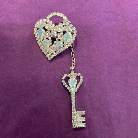 Vintage Butler and Wilson Large ‘Key to my Heart’ silver and aurora borealis rhinestone brooch, signed in own box, gifts for her, sweetheart, love.