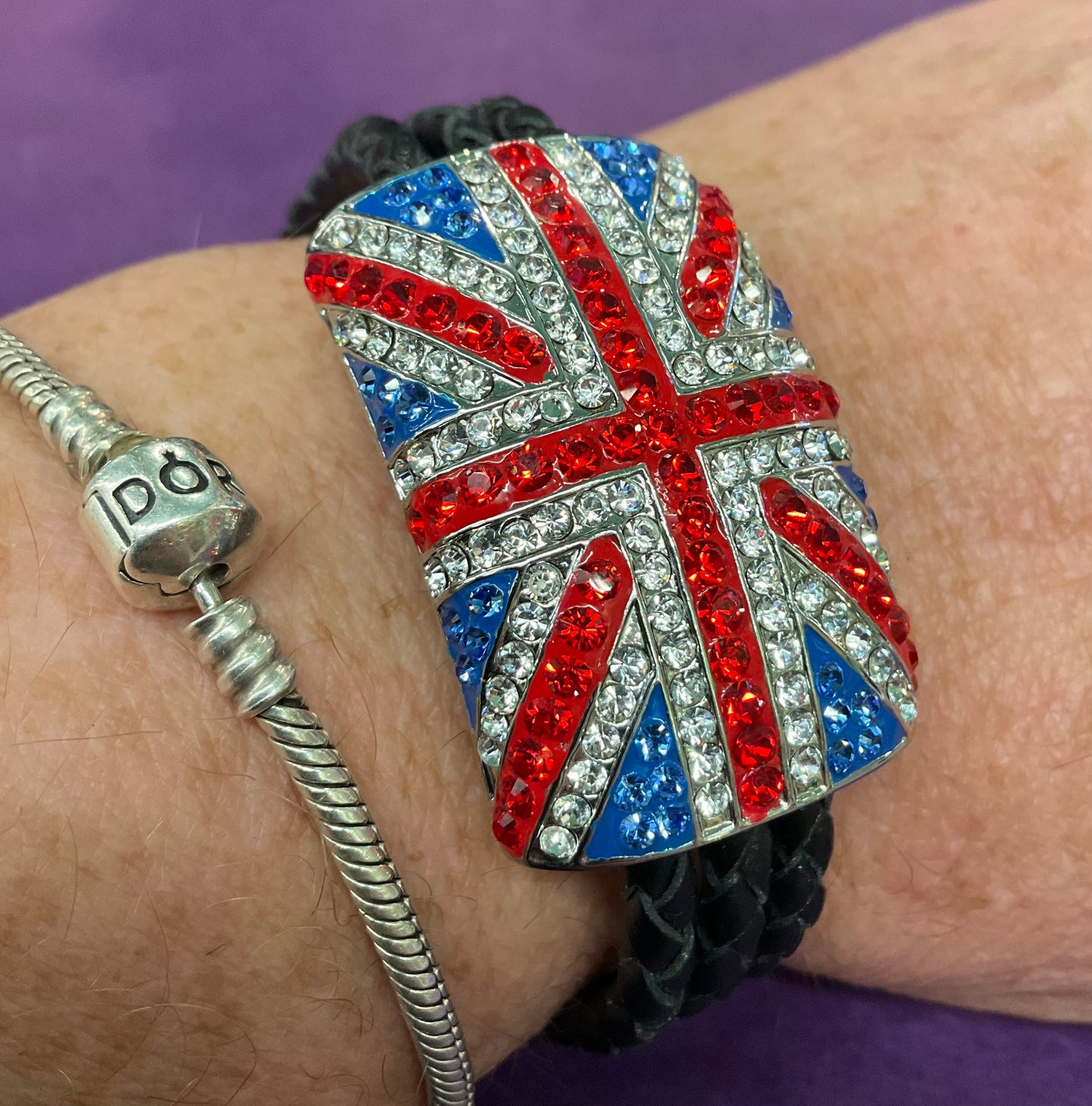 Vintage Butler and Wilson Rhinestome Crystal Union Jack Leather Cord Braided Bracelet, Signed in original box, gifts for them