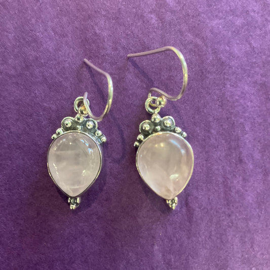 Vintage Silver (925) and Rose Quartz Hand Made Gemstone Drop Earrings, Birthday Gift, Crystal Healing