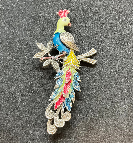 Vintage 1940s Marcasite & Enamel Cockatoo Brooch