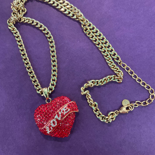 vintage butler and Wilson oversized LOVE Tattoos heart red crystal long pendant, chunky gold tone chain, signed with original box.